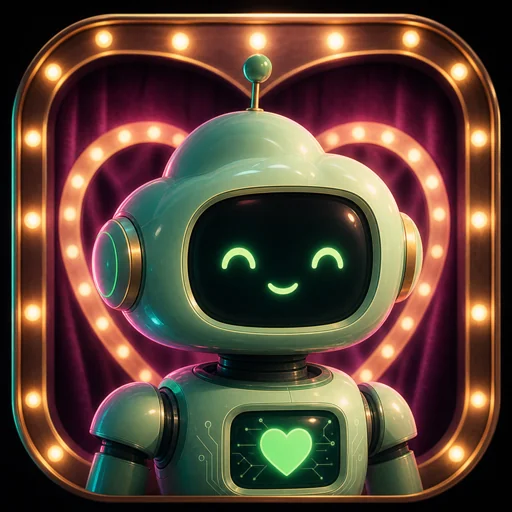 RigMatch's portrait for Qwen: a mint-green robot with a glowing heart on its chest